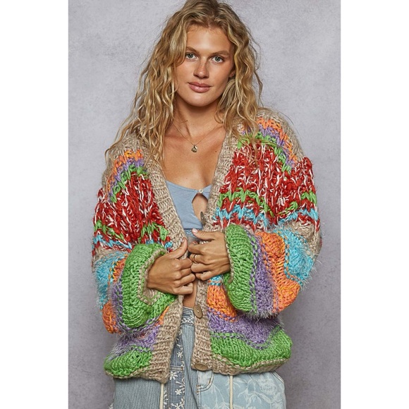 POL Sweaters - POL Tan Chunky Knit Multicolor Button Front Cardigan